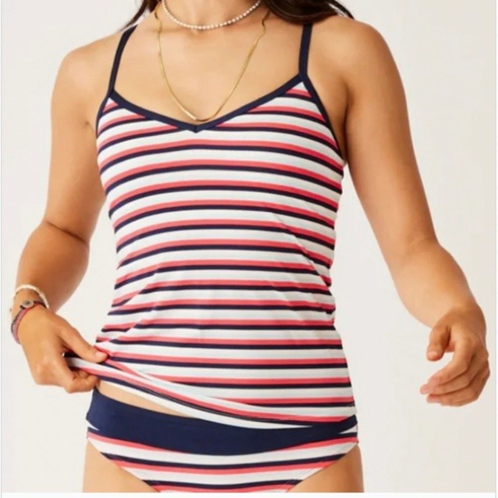 Carve Designs Stinson Tankini Striped Top Navy Red Racerback Small UPF 50+